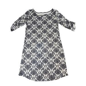 Lola Black & White Damask Print Shift Dress Size large 3/4 Sleeve stretchy